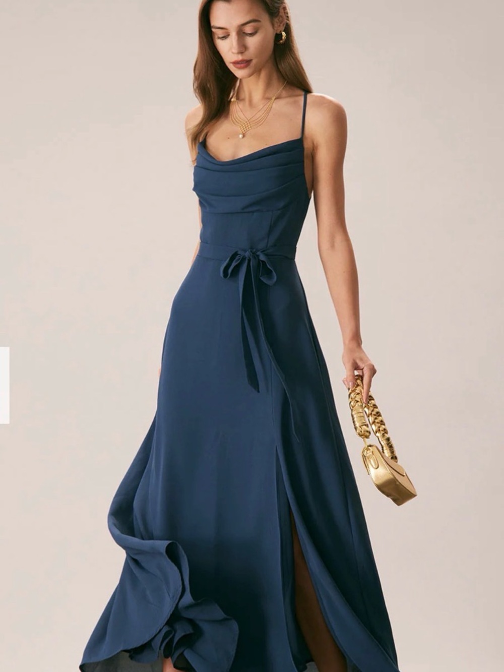 RIHOAS Navy Blue Cowl-Neck Maxi Dress with Waist Tie